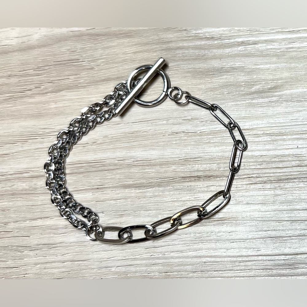 Asymmetrical Stainless Steel Paper Clip Toggle Bracelet, 8” - Picture 2 of 5